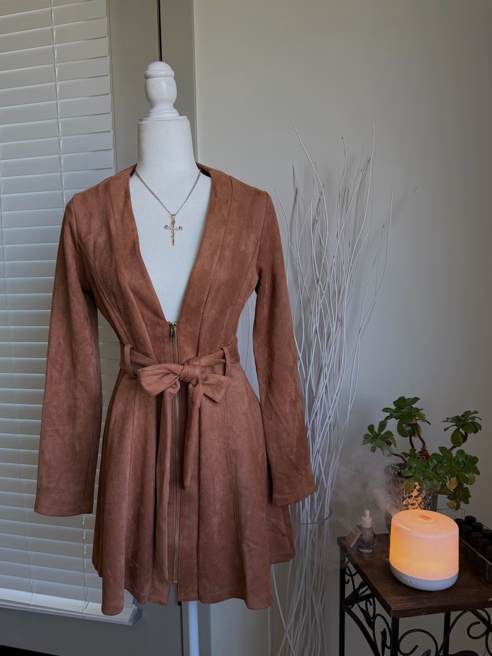 Active USA Long Sleeve Brown Faux Suede Belted Dress